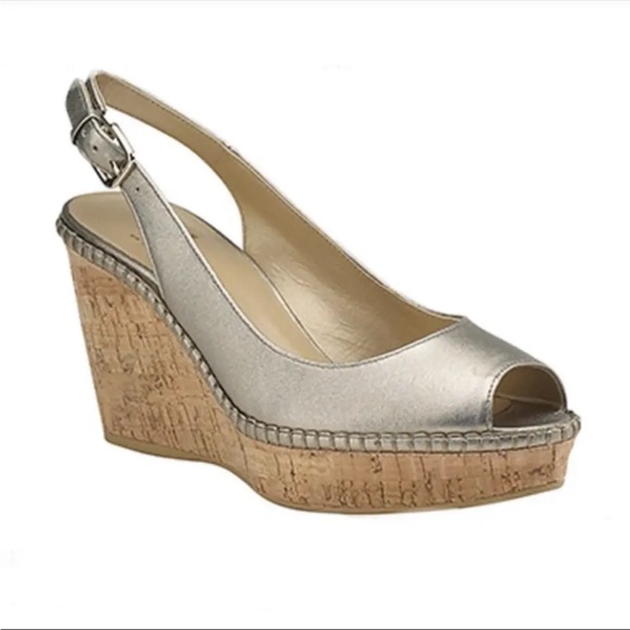 Stuart Weitzman Shoes - Stuart Weitzman Jean Metallic Leather Cork Wedge Slingback Heel